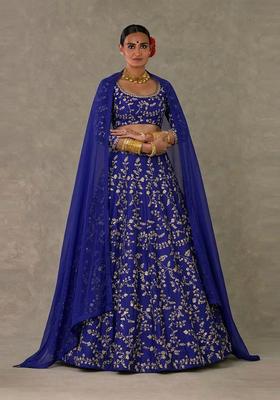 Royal Blue Embroidered Crepe Lehenga Set