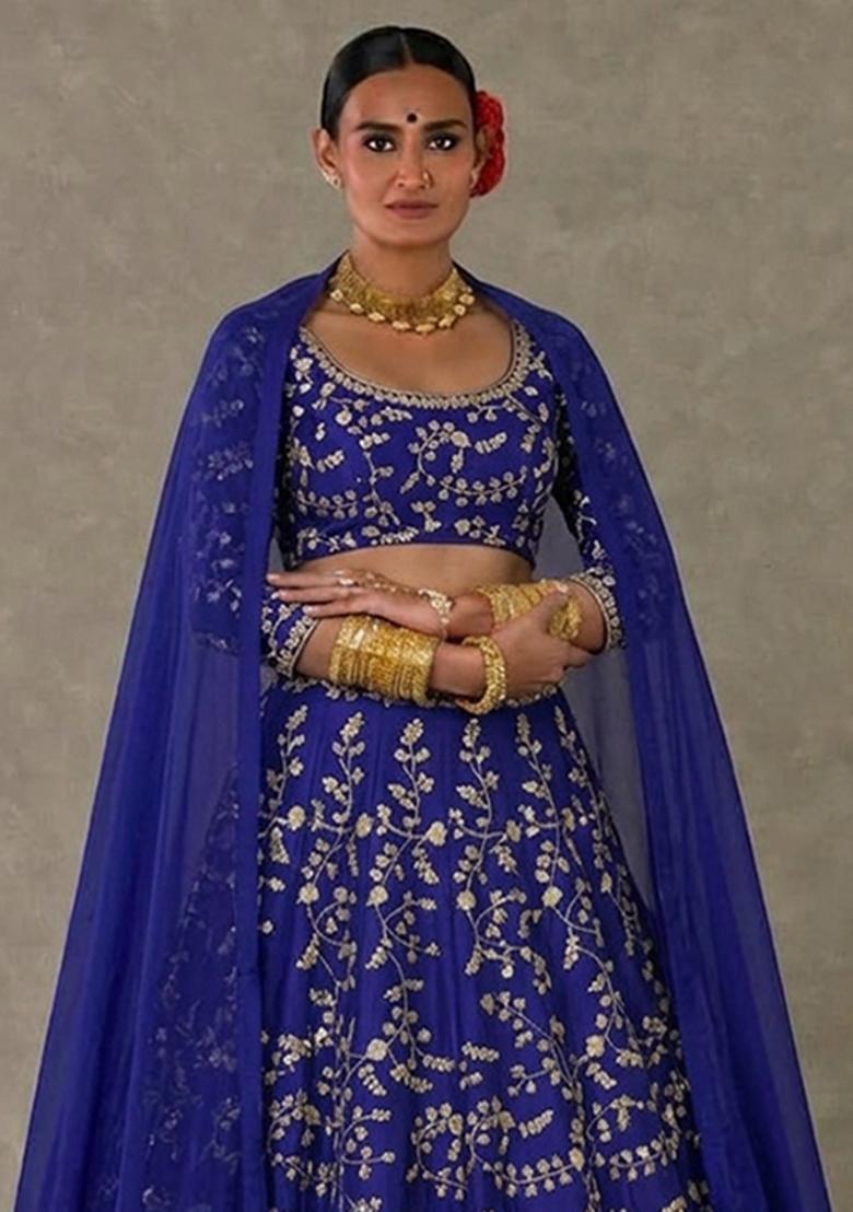 Royal Blue Embroidered Crepe Lehenga Set - Indya