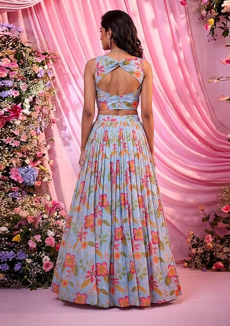 Pastel Blue Printed Chanderi Lehenga Set - Indya