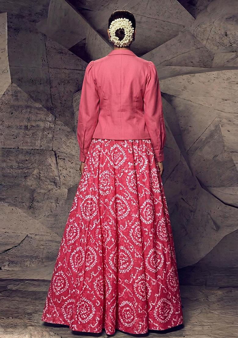 Pink Printed Chanderi Lehenga Set - Indya
