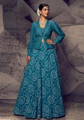 Teal Blue Printed Chanderi Lehenga Set