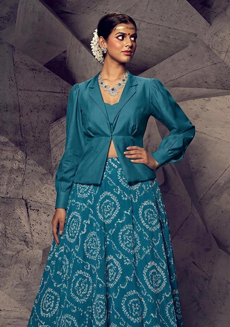Teal Blue Printed Chanderi Lehenga Set - Indya