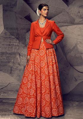 Orange Printed Chanderi Lehenga Set