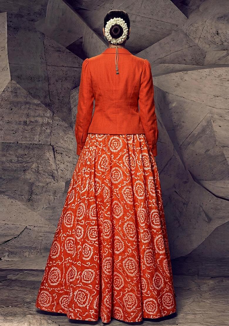 Orange Printed Chanderi Lehenga Set - Indya