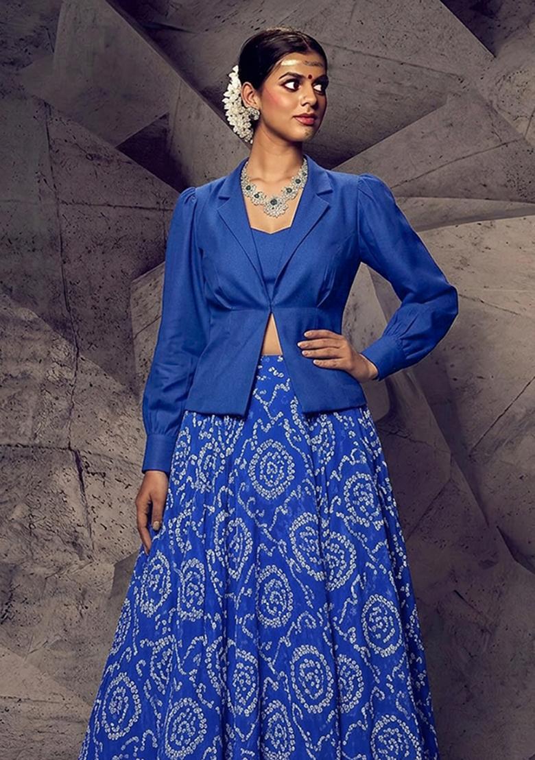 Royal Blue Printed Chanderi Lehenga Set - Indya
