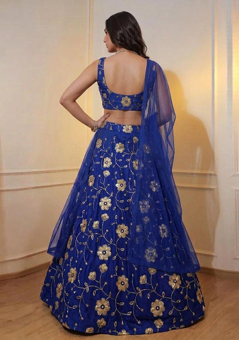 Royal Blue Embroidered Tissue Lehenga Set - Indya