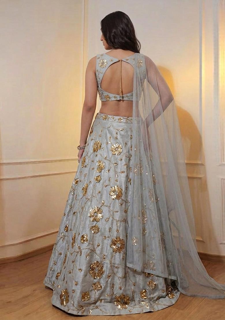 Grey Embroidered Tissue Lehenga Set - Indya