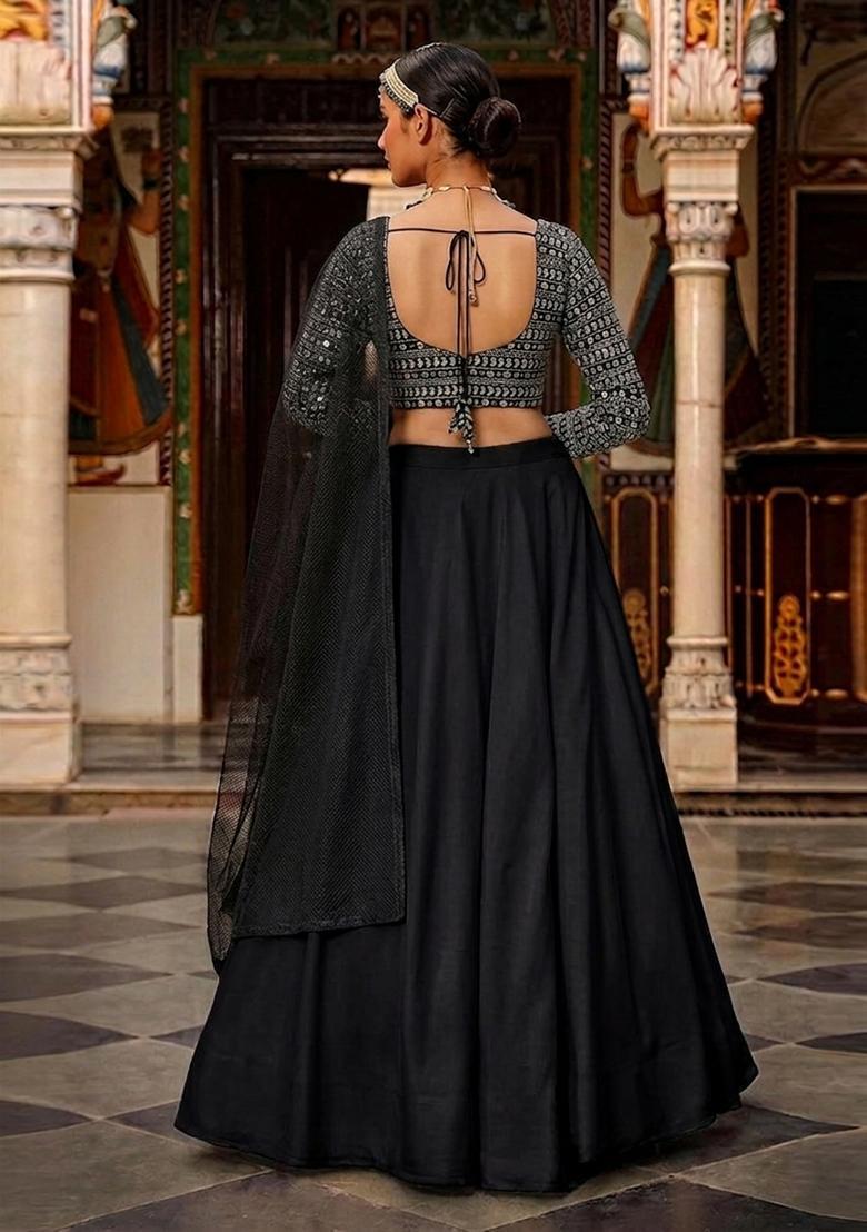Black Mirror Work Georgette Lehenga Set - Indya