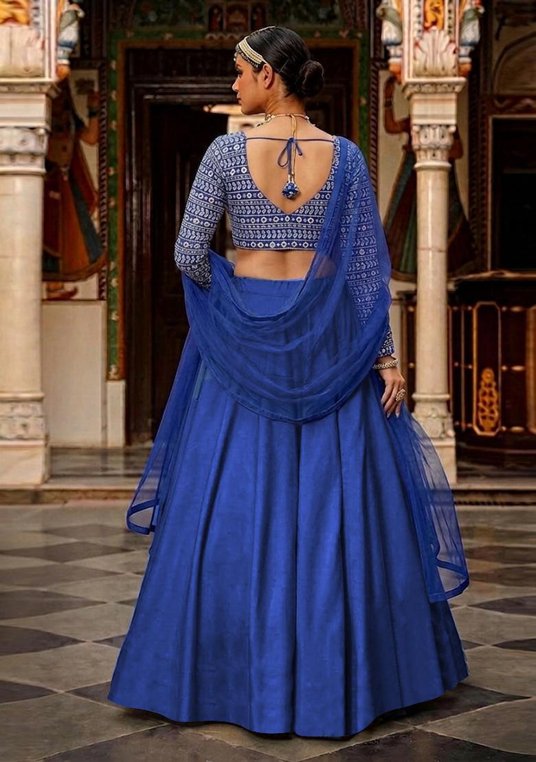 Royal Blue Mirror Work Georgette Lehenga Set - Indya