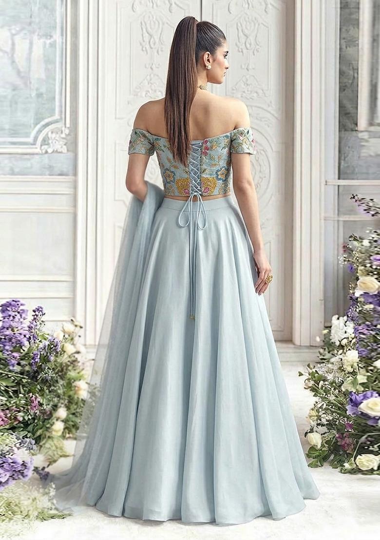 Powder Blue Embroidered Organza Lehenga Set - Indya