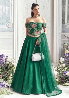Dark Green Embroidered Organza Lehenga Set