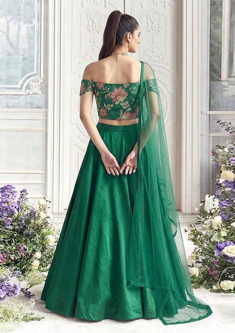 Dark Green Embroidered Organza Lehenga Set - Indya