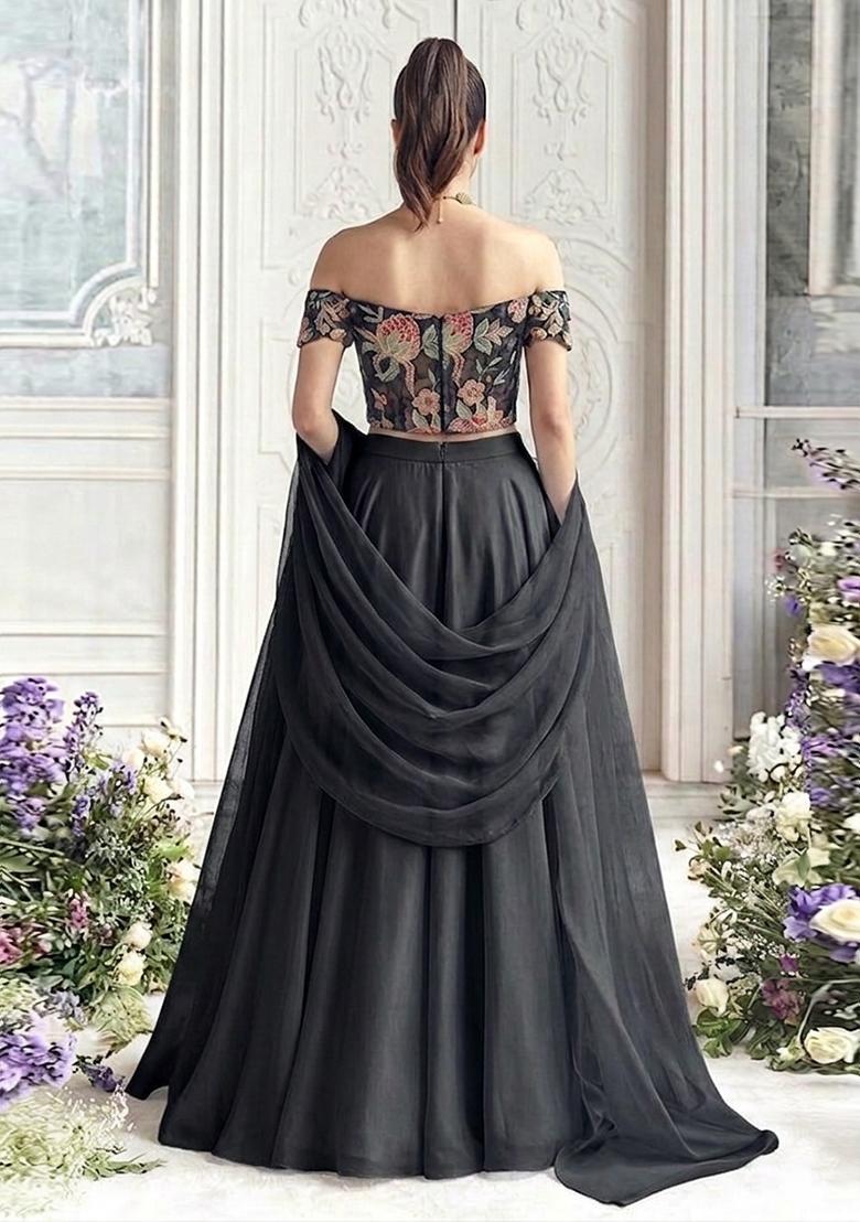 Black Embroidered Organza Lehenga Set - Indya