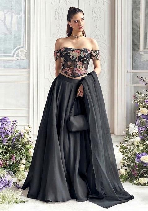 Black Embroidered Organza Lehenga Set