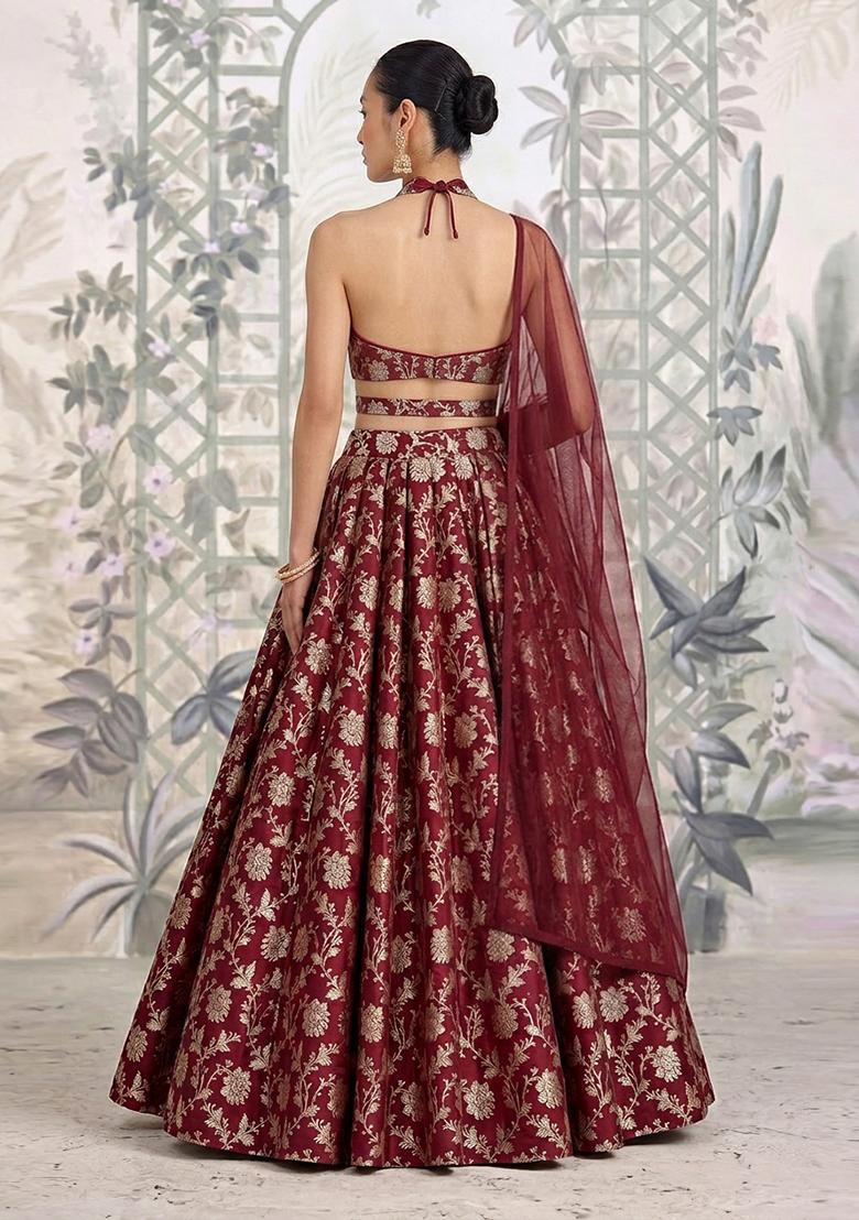 Maroon Brocade Lehenga Set - Indya