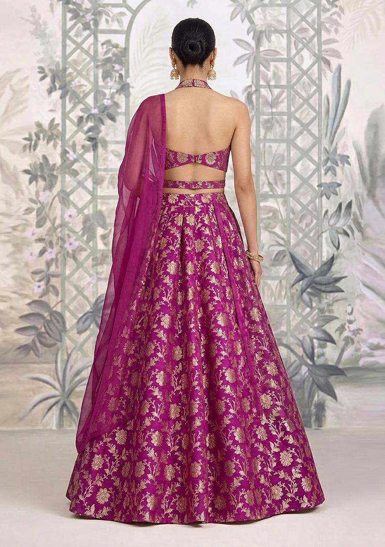 Magenta Brocade Lehenga Set - Indya