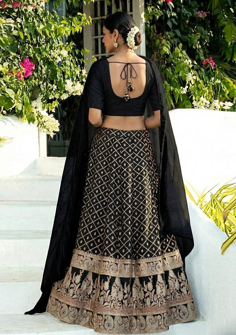 Black Brocade Lehenga Set - Indya