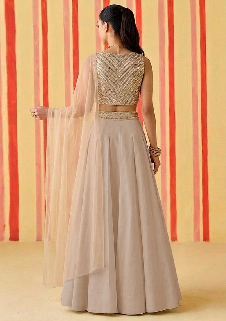Nude Sequin Silk Blend Lehenga Set - Indya