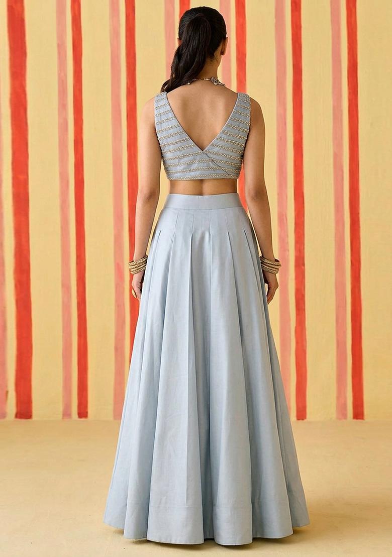 Powder Blue Sequin Silk Blend Lehenga Set - Indya