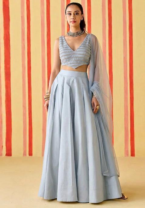 Powder Blue Sequin Silk Blend Lehenga Set