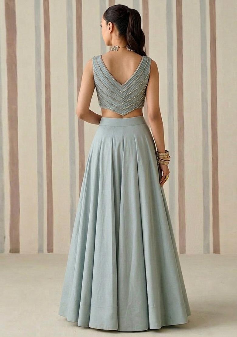 Light Blue Sequin Lehenga Set - Indya