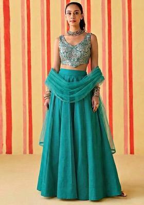 Teal Green Brocade Lehenga Set