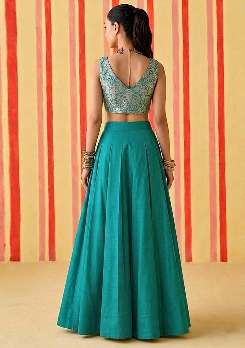 Teal Green Brocade Lehenga Set - Indya