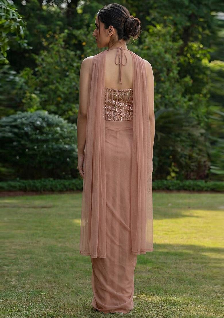 Light Brown Embroidered Net Fusion Set - Indya