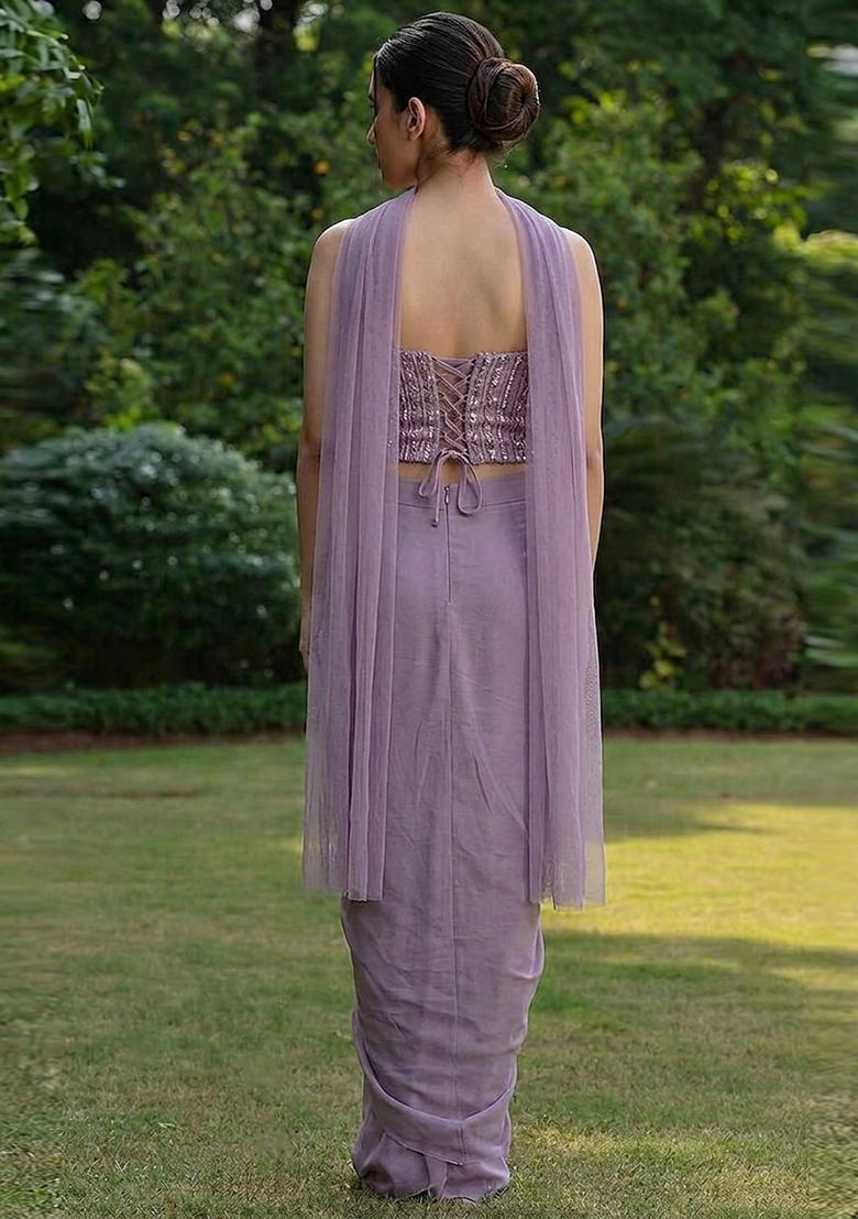 Lavender Embroidered Net Fusion Set - Indya