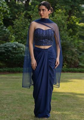 Navy Blue Embroidered Net Fusion Set