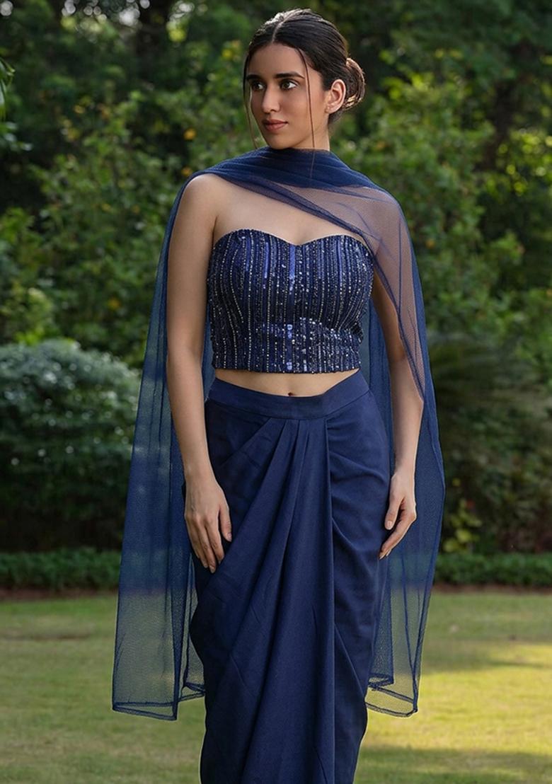 Navy Blue Embroidered Net Fusion Set - Indya