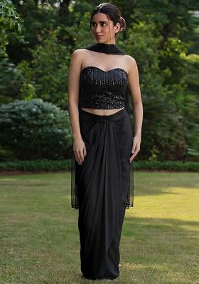 Black Embroidered Net Fusion Set
