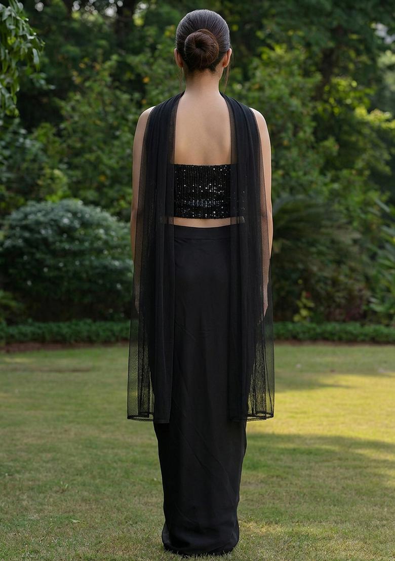 Black Embroidered Net Fusion Set - Indya