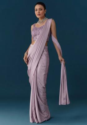 Lilac Sequin Net Pre Draped Saree Set