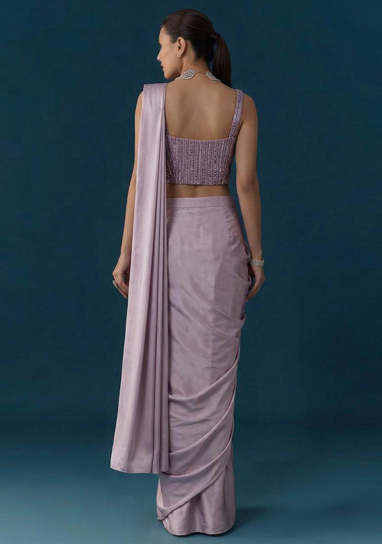 Lilac Sequin Net Pre Draped Saree Set - Indya