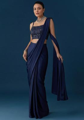Navy Blue Embroidered Net Pre Draped Saree Set