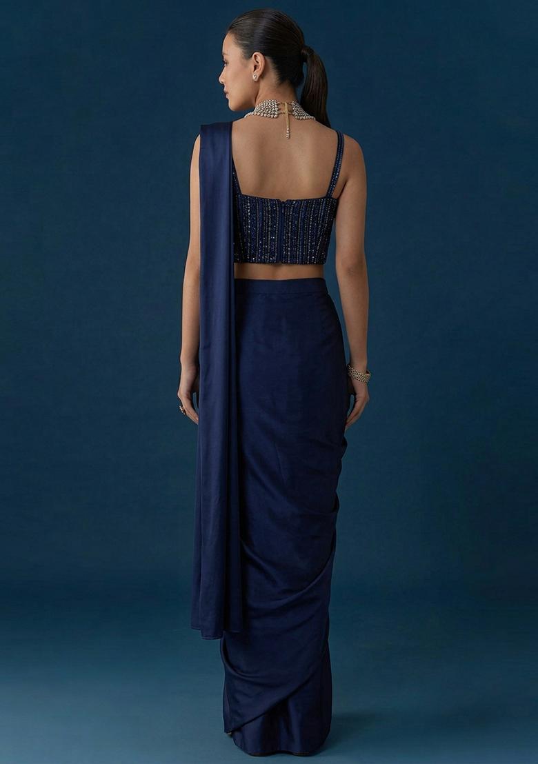 Navy Blue Embroidered Net Pre Draped Saree Set - Indya