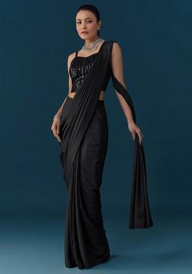 Black Embroidered Net Pre Draped Saree Set