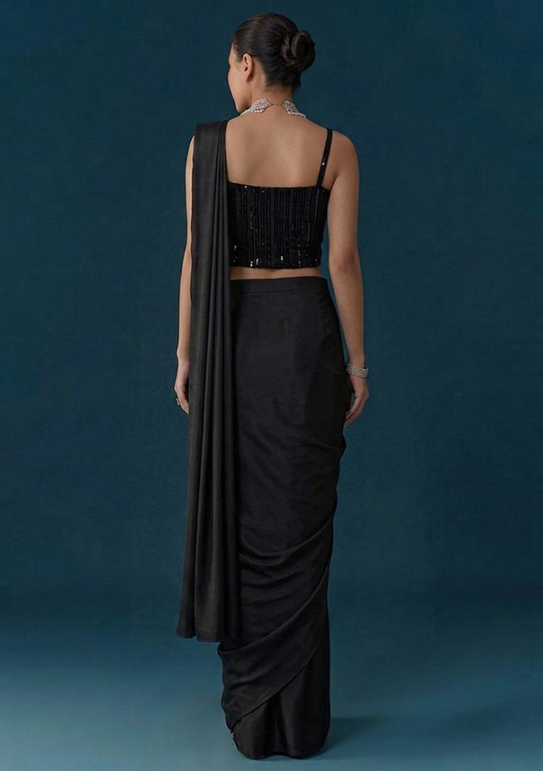 Black Embroidered Net Pre Draped Saree Set - Indya