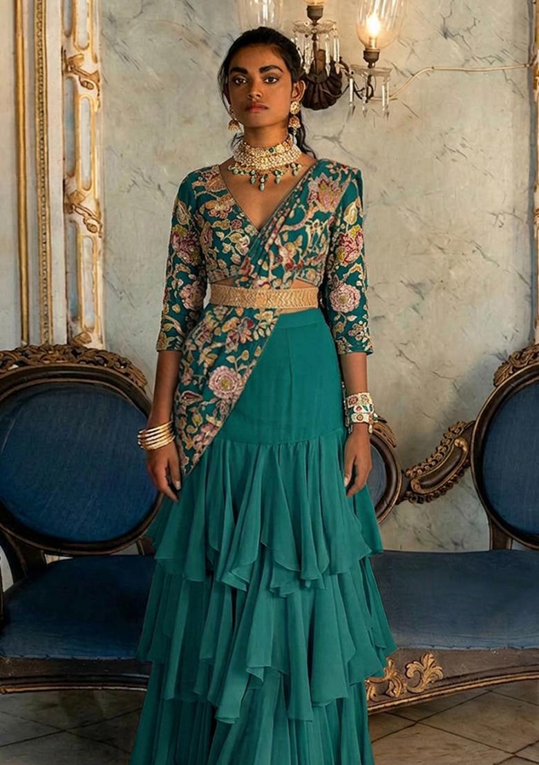 Teal Blue Printed Silk Blend Pre Draped Saree Set - Indya