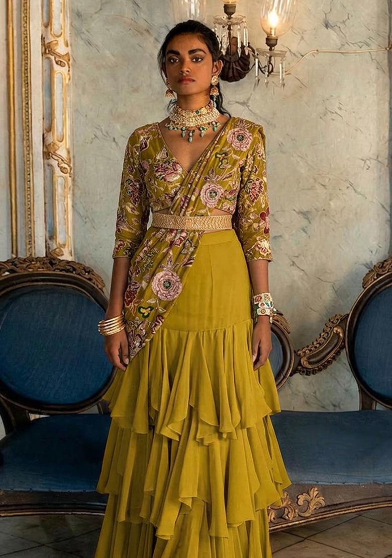 Henna Green Printed Silk Blend Pre Draped Saree Set - Indya