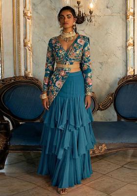 Blue Printed Silk Blend Pre Draped Saree Set