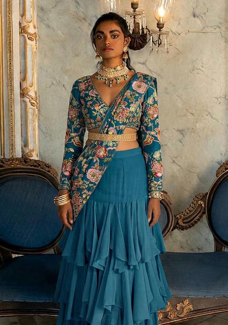 Blue Printed Silk Blend Pre Draped Saree Set - Indya