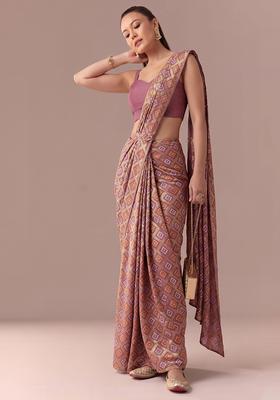Pink Georgette Pre Draped Saree Set