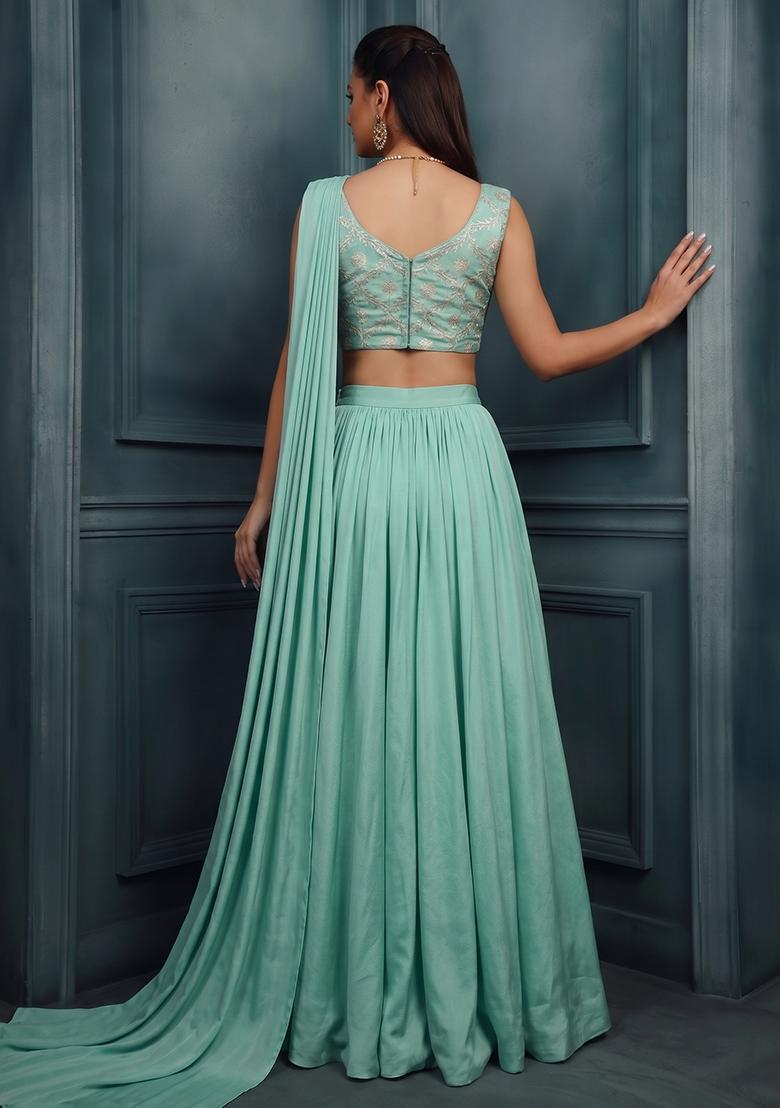 Mint Chanderi Pre Draped Saree Set - Indya