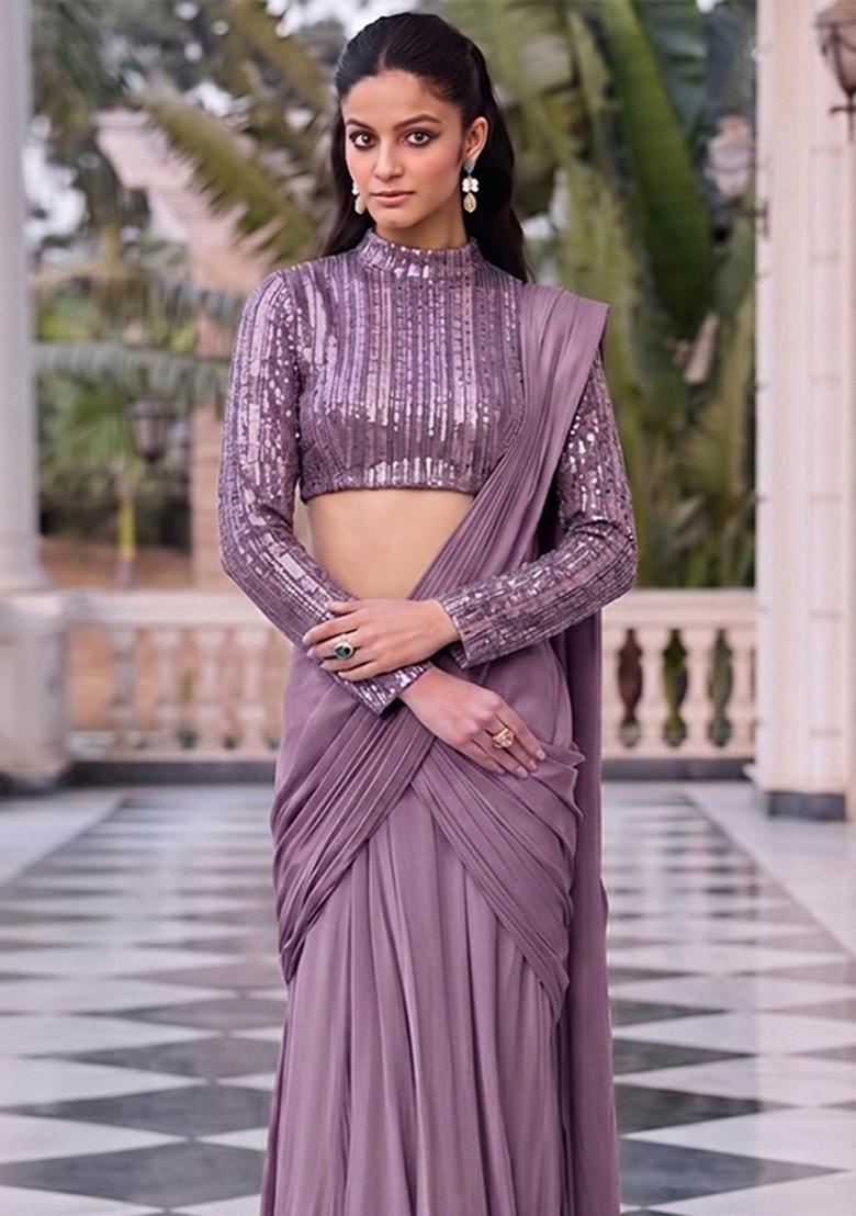 Purple Embroidered Net Pre Draped Saree Set - Indya