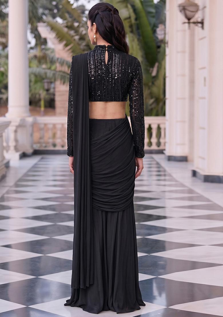 Black Embroidered Net Pre Draped Saree Set - Indya