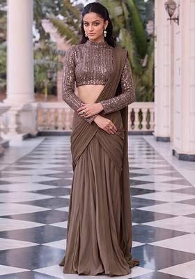 Brown Embroidered Net Pre Draped Saree Set
