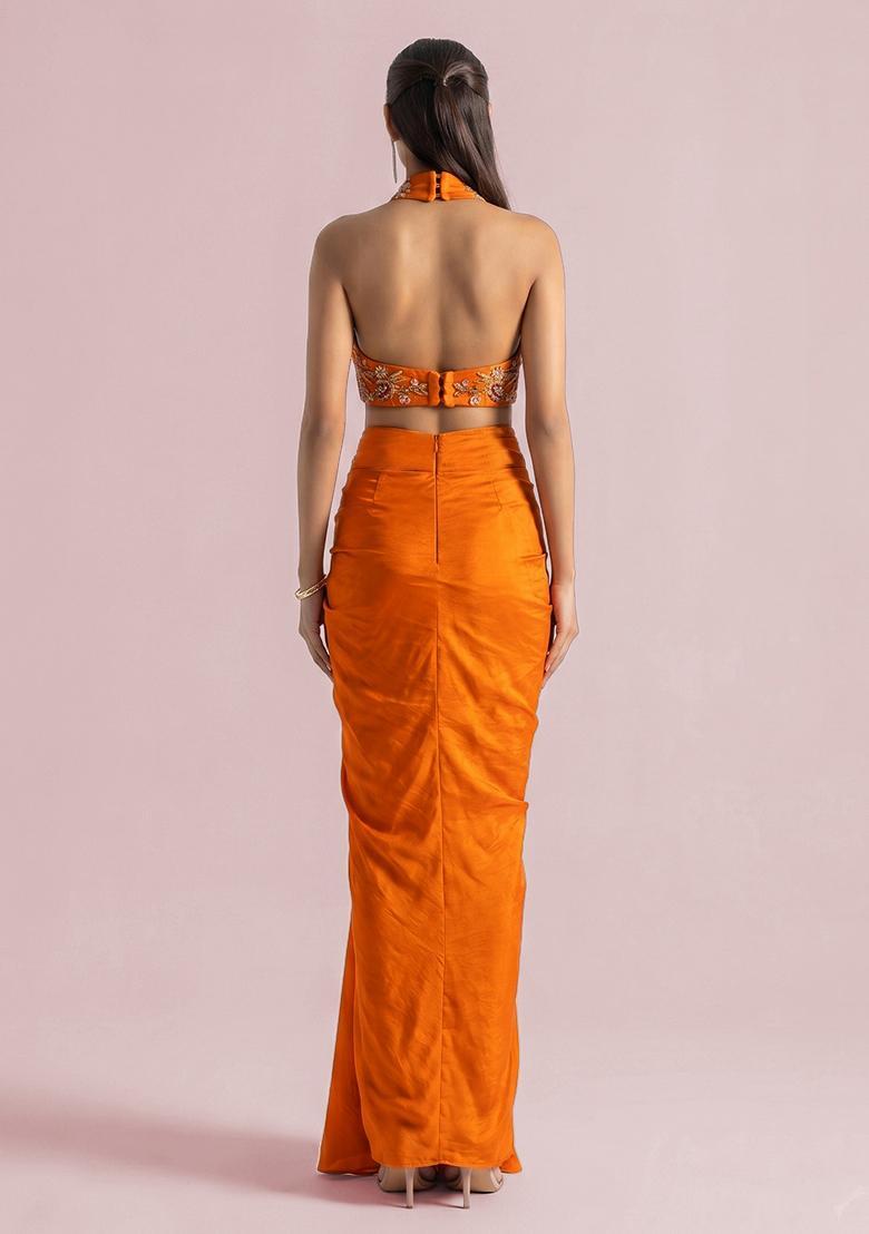 Burnt Orange Embroidered Crepe Fusion Set - Indya
