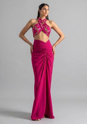 Magenta Pink Embroidered Crepe Fusion Set